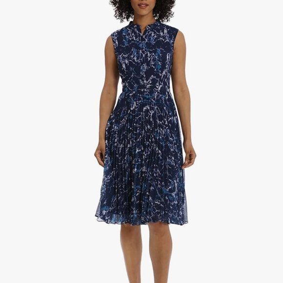 Maggy London Abstract Print Pleated Midi Dress  | Size 8 | Blue - Picture 1 of 10